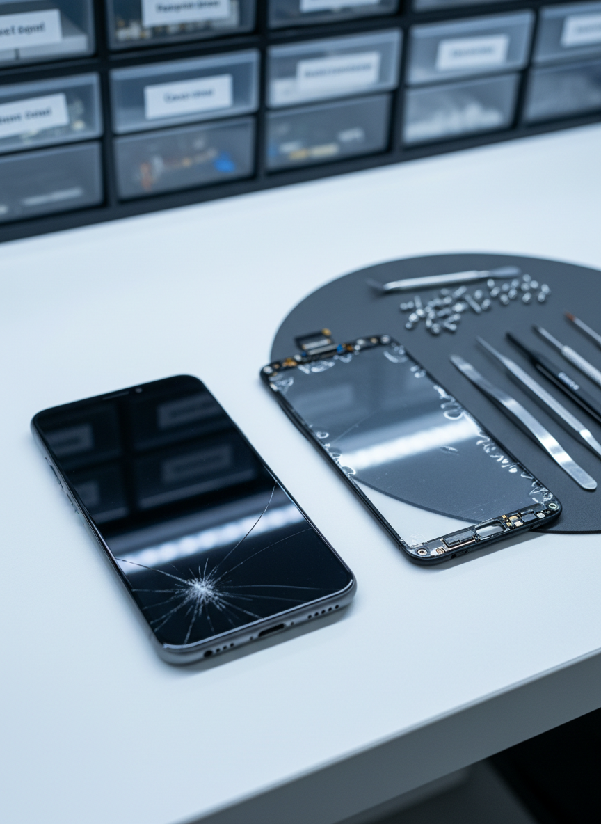 A sleek modern smartphone with a slightly cracked front glass resting on a clean white repair bench, its internal components neatly exposed beside it: precision screws, a gleaming replacement screen, and organized tiny tools on a magnetic mat. The background shows blurred rows of labeled storage bins filled with parts, in cool gray and blue tones that suggest order and professionalism. Cool, even overhead LED lighting creates crisp reflections on the glass and metal surfaces, with soft shadows for depth. Photographed at an eye-level angle with a shallow depth of field, the phone and tools in sharp focus. The atmosphere is efficient, trustworthy, and technical, with a photographic realism and clean, modern aesthetic.