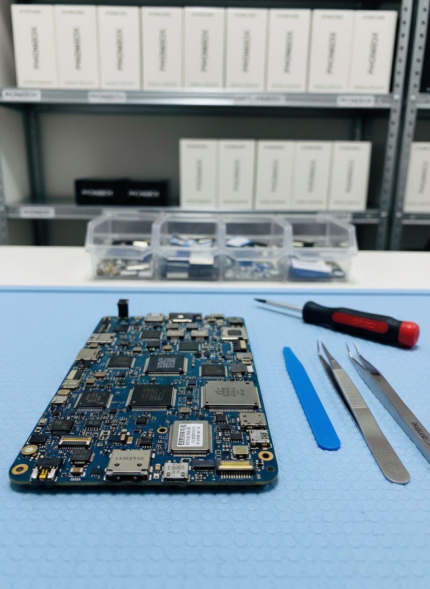 A close-up of a smartphone circuit board lying on an anti-static blue mat, every microchip and connector sharply defined, with a fine-tip screwdriver, plastic spudger, and precision tweezers neatly aligned beside it. In the softly blurred background, shelves hold clearly labeled smartphone boxes and organized spare parts, suggesting a specialized mobile repair workshop in Sant Andreu. Neutral, diffused overhead lighting highlights the metallic traces and matte textures of the electronics without harsh glare. Shot from a slightly elevated angle with meticulous focus on the circuitry, creating a highly detailed, professional technical feel. The photographic style is crisp and clinical, emphasizing expertise, reliability, and the precision of mobile phone repair service.