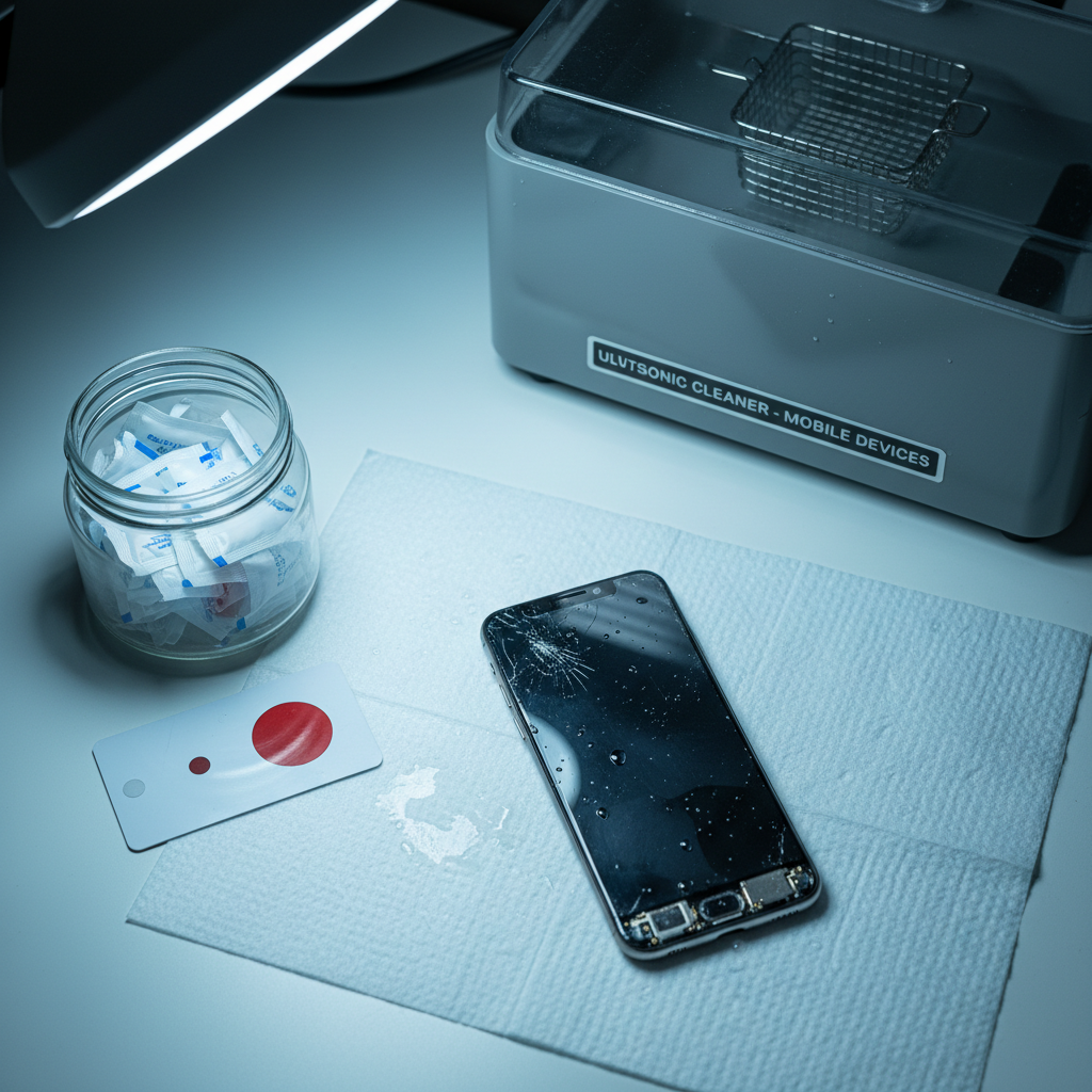 A water-damaged smartphone resting on a white absorbent pad, tiny droplets visible on its metal frame, next to a transparent container filled with silica gel packets and a labeled ultrasonic cleaner tank slightly blurred in the background. A moisture-detection card with a turned-red indicator strip lies beside the phone, clearly signaling liquid exposure. Cool, focused LED task lighting from above highlights the moisture and reflective surfaces, creating precise, technical shadows. Shot from a top-down, bird’s eye view to show the full repair layout, with crisp focus across the entire scene. The atmosphere is serious yet reassuring, emphasizing specialized treatment and professional care for liquid damage. The photographic realism and orderly composition communicate expertise, urgency, and reliable recovery service for damaged mobile phones.