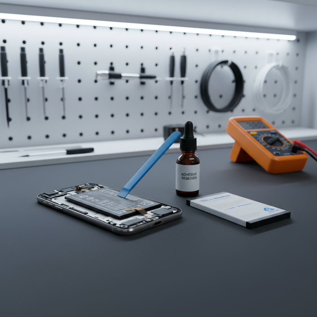 A modern smartphone laid flat on a spotless dark gray work surface, its battery partially lifted with a plastic pry tool, alongside a replacement battery in branded packaging, a small bottle labeled “adhesive remover,” and a digital multimeter. In the softly out-of-focus background, a minimalist wall-mounted pegboard holds hanging tools and coiled cables, evoking a tidy, professional repair station. Bright but soft LED strip lighting from above creates uniform illumination, clear reflections on metallic edges, and gentle shadows. Captured from a three-quarter angle, composition following the rule of thirds, with sharp focus on the device and battery. The mood is calm, methodical, and technical, with photographic realism and a clean, modern aesthetic that conveys fast, reliable battery replacement service with warranty.