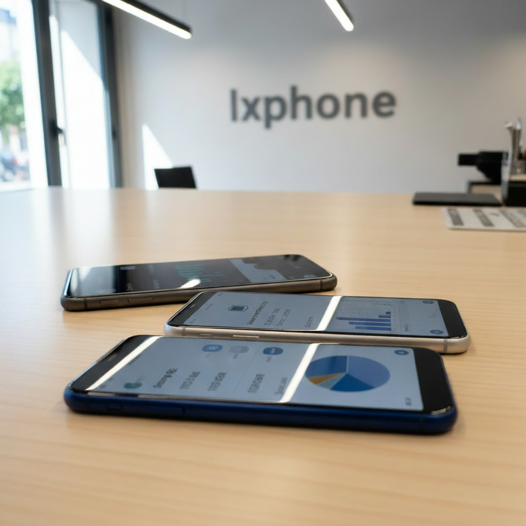 Editar esta imagen para que donde antes ponía "servicio técnico móvil Sant Andreu" ahora aparezca solo el nombre "Ixphone", manteniendo un estilo moderno y tecnológico similar al original.